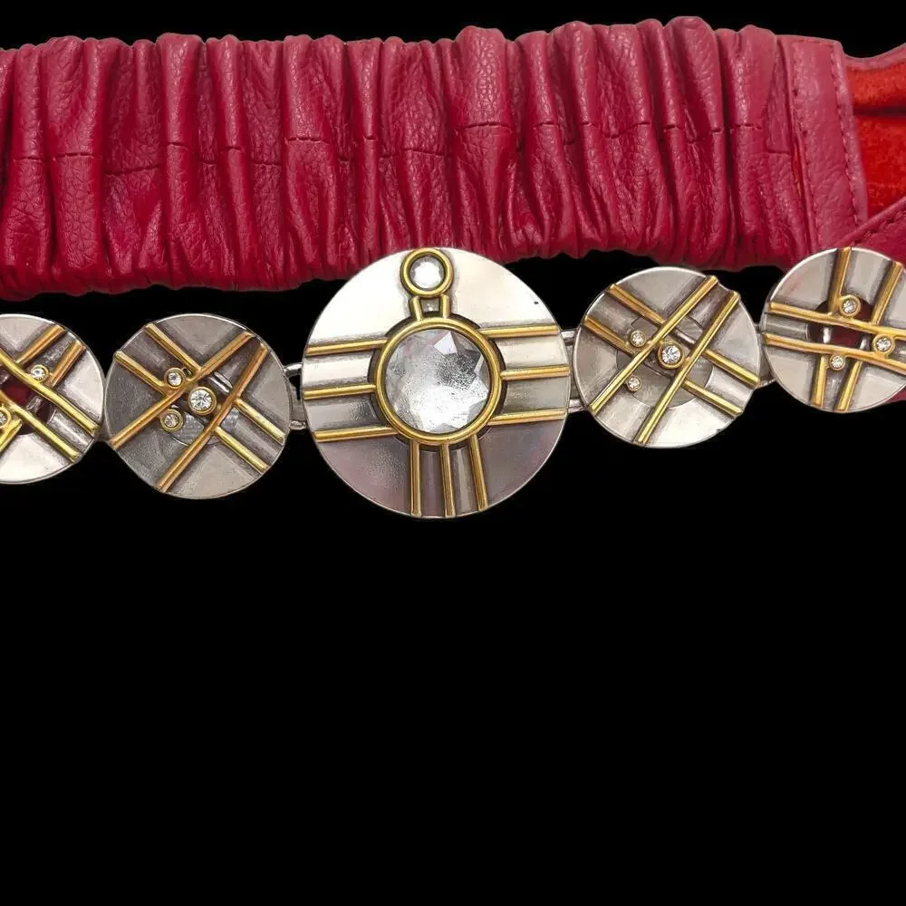 Vintage Mixed Metals Mondrian 90s Red Leather Belt Silver Gold Elastic 27-29”